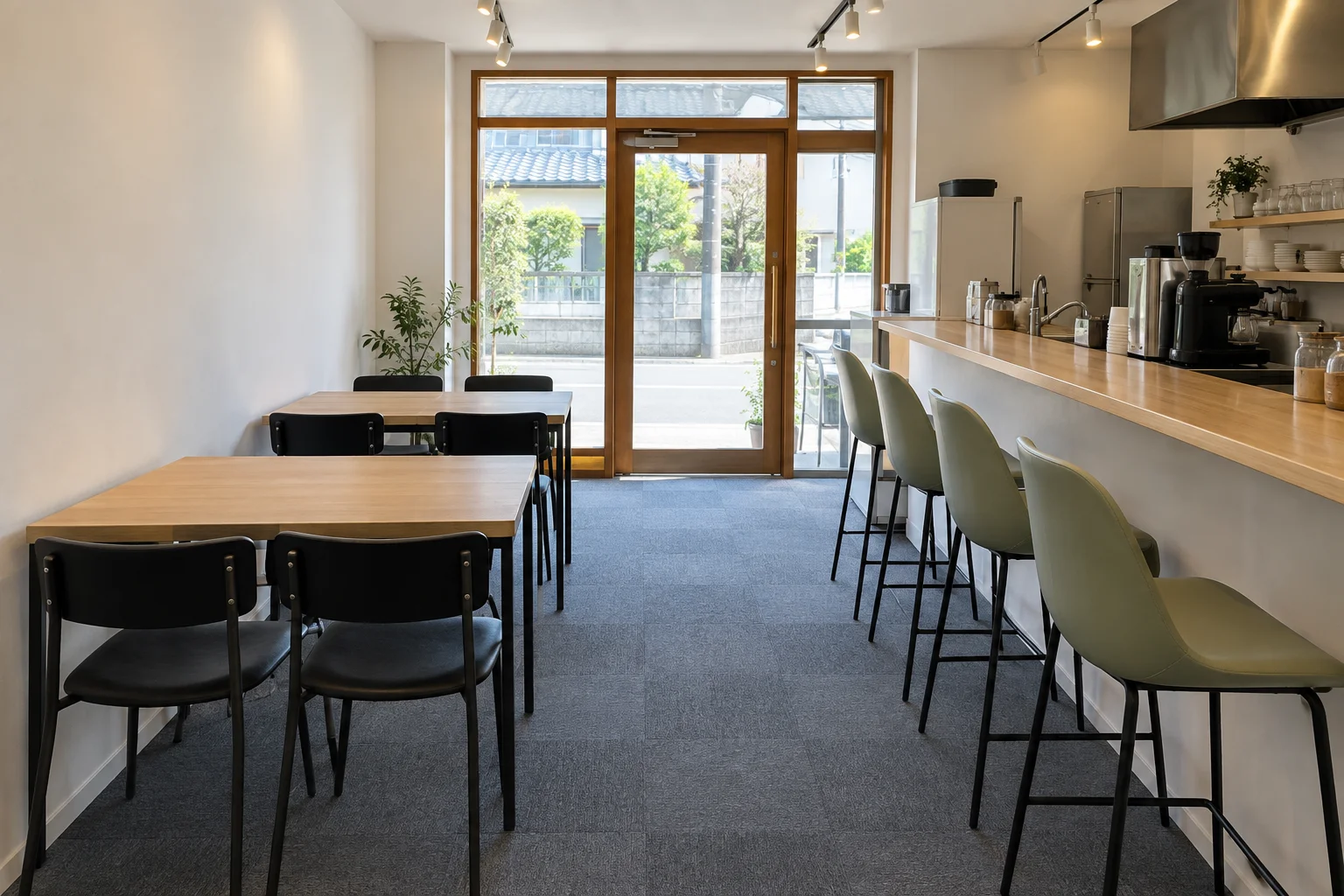 淡い緑の椅子と小さな木のテーブルがある明るい喫茶店内