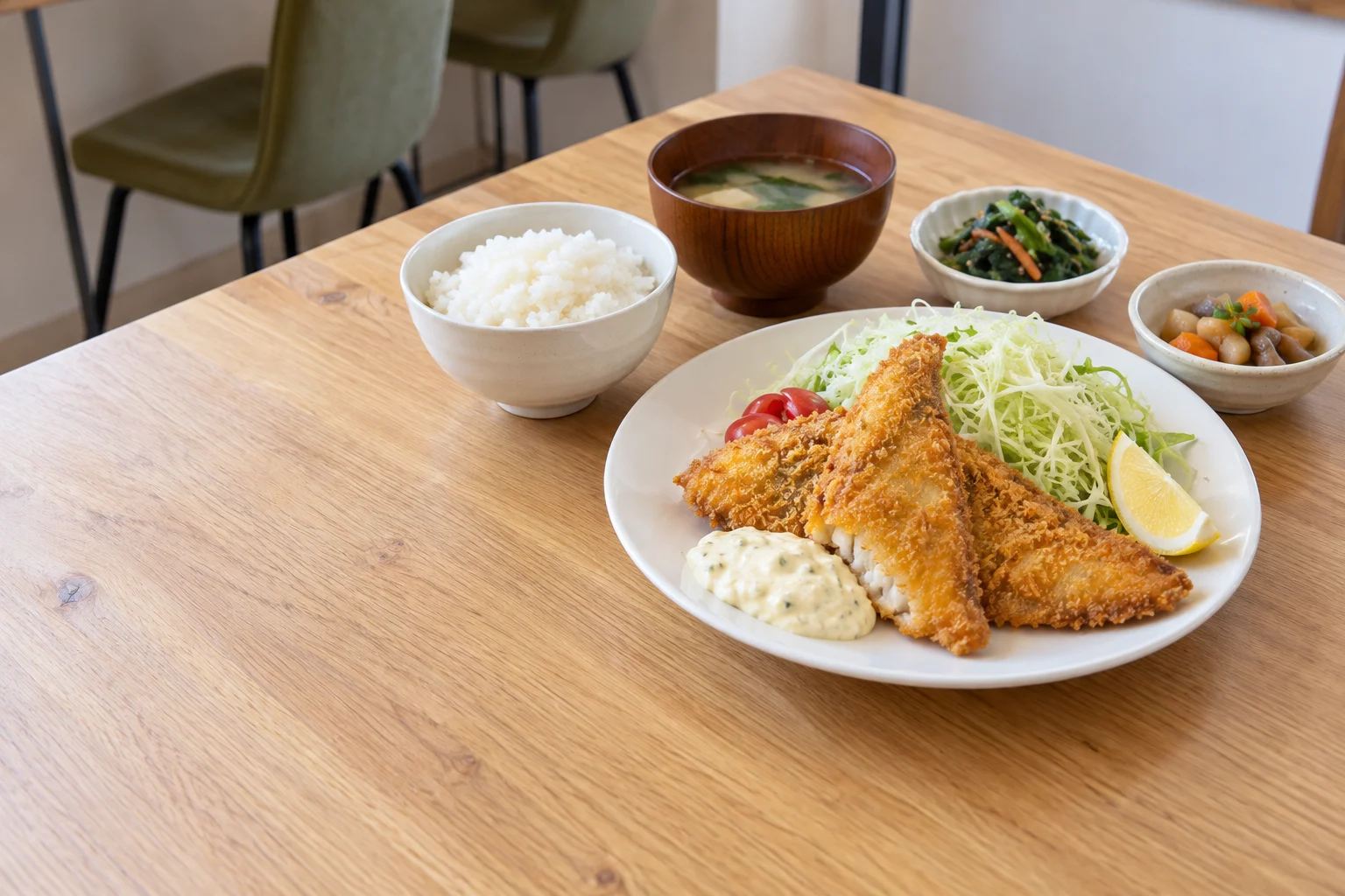 木のテーブルに並んだ白身魚のフライ定食