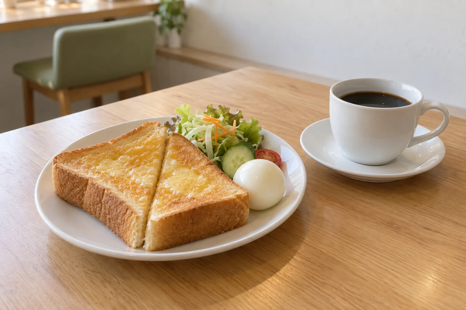 厚切りトースト、ゆで卵、サラダとコーヒー